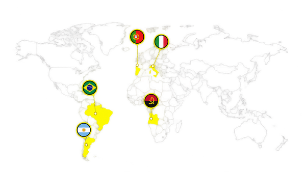 Mapa mundial destacando a presença internacional da Connection Amigos do Turismo: Brasil, Argentina, Portugal, Itália e Angola.