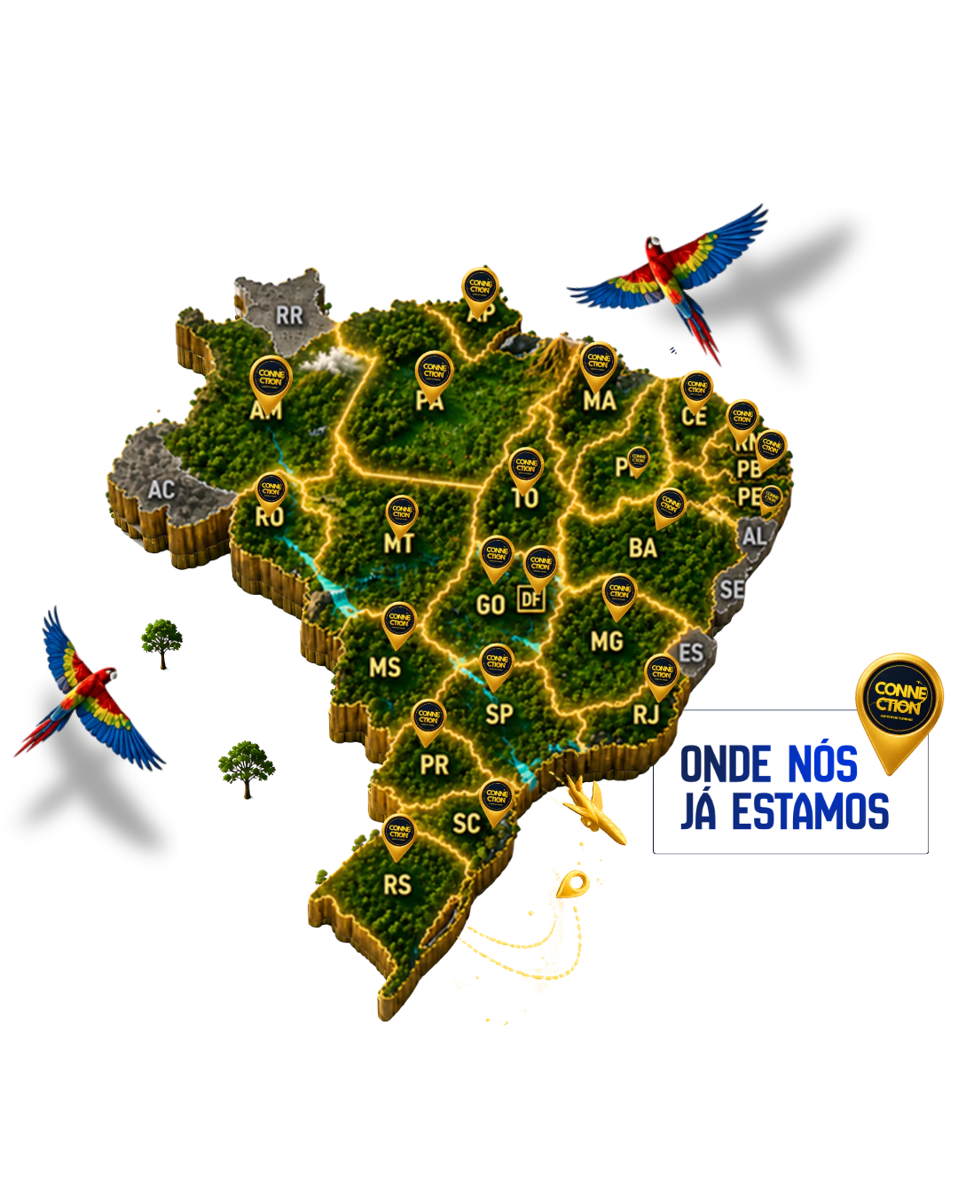 Mapa do Brasil com os estados onde a rede Connection Amigos do Turismo já está presente